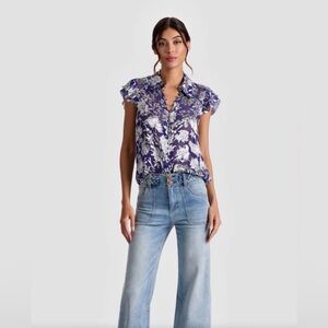 BNWT ALICE + OLIVIA Martel Silk Flutter Sleeve Blouse In Blooming Wild Indigo XL